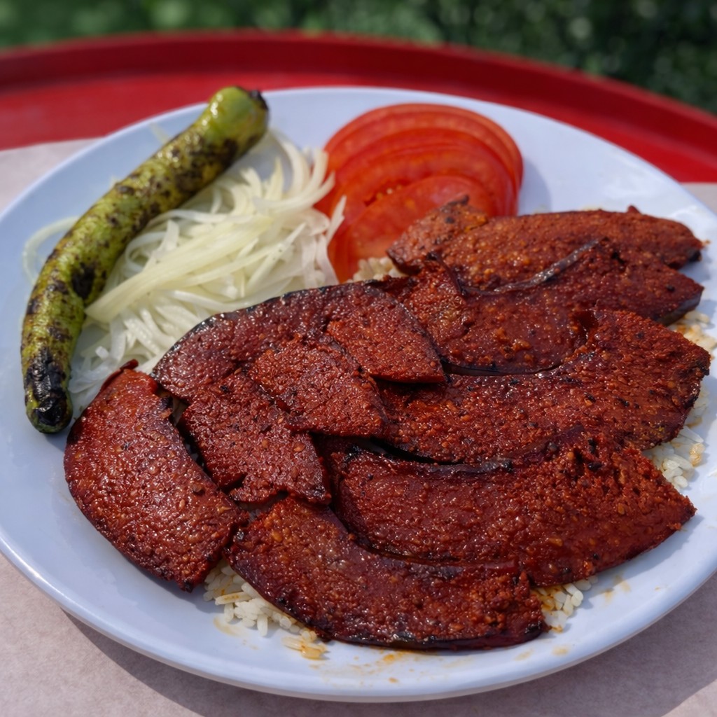 Pilav üstü ızgara kasap sucuk; yanında közlenmiş biber, soğan ve domates dilimleri.